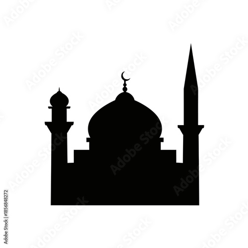 Black silhouette icon of an Islamic mosque with dome and minarets, embodying spiritual devotion and community, perfect for celebrating Ramadhan and cultural heritage