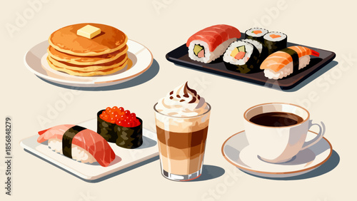 Breakfast and sushi meal illustration