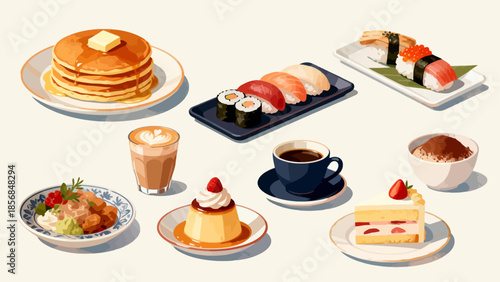 Assorted food dishes and drinks