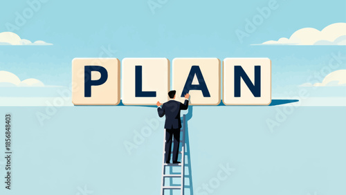 Businessman arranging tiles spelling PLAN