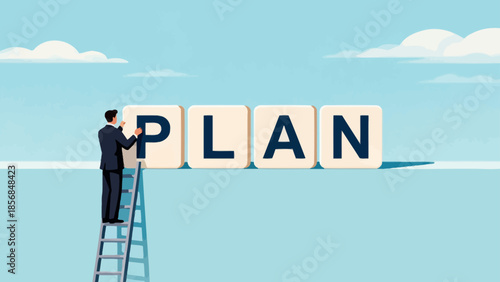 Businessman arranging blocks spelling PLAN