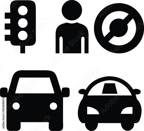 Set of Minimalist Black Transportation Icons Featuring Traffic Light Car and Driver Profile