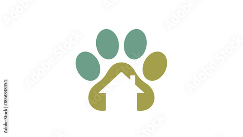 A stylized logo featuring a paw print combined with a house silhouette, symbolizing pet-friendly housing or animal care services.