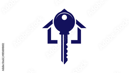 A dark blue silhouette logo featuring a house outline with a key integrated into its design, symbolizing home security or real estate.