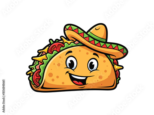 A cartoon taco character with a happy face wearing a sombrero, representing Mexican cuisine and festive food.