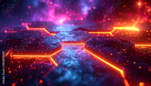 Hexagonal illuminated surface with colorful cosmic background