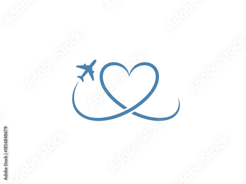 A blue airplane flying in a path that forms a heart shape with an infinity loop, symbolizing love for travel and endless journeys.