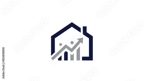 A stylized logo depicting a house with an upward trending bar chart and abstract human figures, symbolizing real estate growth and community investment.
