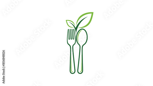 Green fork and spoon with leaves, symbolizing healthy and organic food or a natural restaurant concept.
