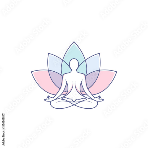 A serene illustration of a person meditating in the lotus position, set against a soft, pastel-colored lotus flower, symbolizing peace and spiritual wellness.