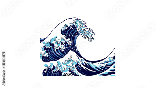 A stylized graphic illustration of a powerful blue ocean wave cresting with white foam, reminiscent of Japanese art.