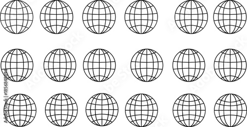 Black Outline Globe Grid Icon Set Featuring Eighteen Minimalist World Spheres With Latitudinal and Longitudinal Lines for Global Connectivity and Logistics