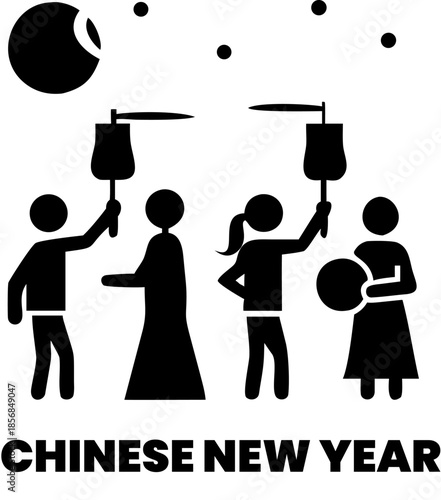 people holding lanterns and drums in a procession during chinese new year celebrations under moonlit night sky