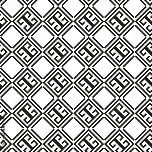 Black and white seamless geometric pattern with Greek key elements and diamond shapes. Ideal for luxury backgrounds, wallpaper, textile design, packaging, branding, and classic decor