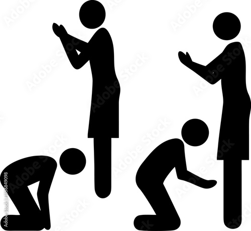 Silhouette collection showing different poses of human figures praying bowing and kneeling in devotion or respect against transparent background