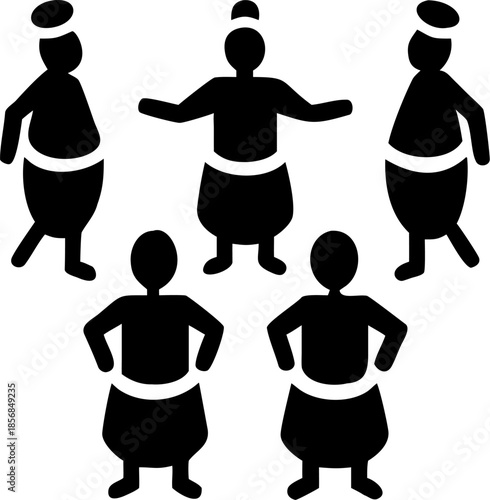 four musicians playing traditional instruments in silhouette, representing ethnic music and cultural performance art, isolated on grey background