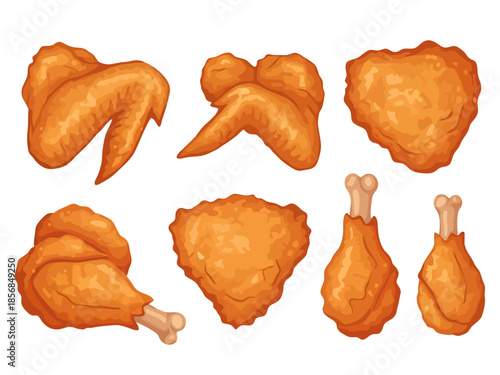 Crispy Fried Chicken Pieces Collection Food Elements Isolated on White