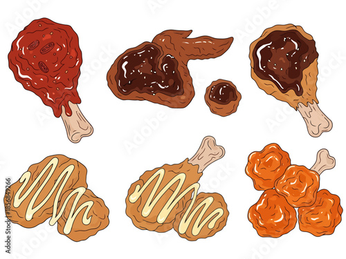 Assortment of Breaded and Sauced Chicken Pieces Appetizer Selection