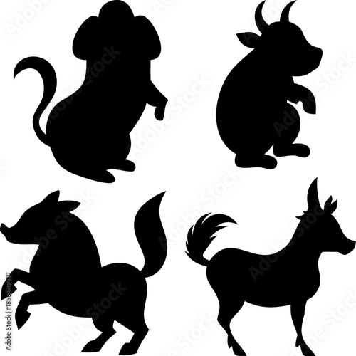 Four different black animal silhouettes including a dog a boar a fox and a deer like creature representing various styles and shapes on a checkered background