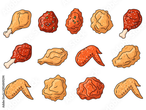 Collection of Assorted Fried Chicken Pieces and Nuggets Hand Drawn Style