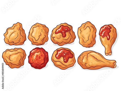 Crispy Fried Chicken Pieces Set with Sauce Drizzle and Drumstick