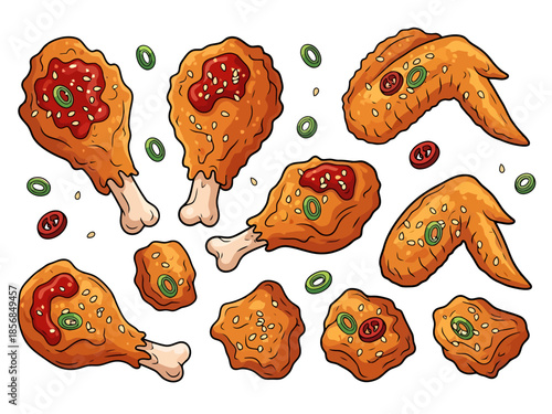 Crispy Fried Chicken Pieces with Sauces and Garnishes Collection