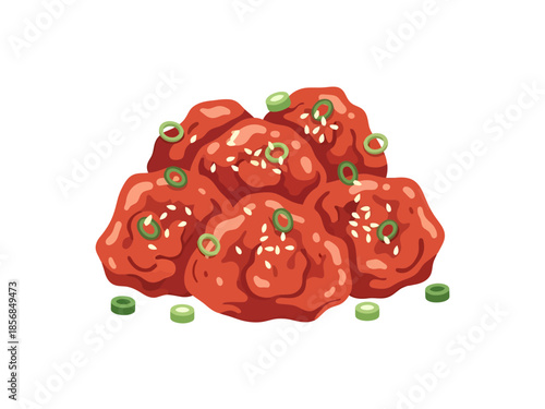 Spicy Glazed Crispy Food Bites Garnished with Sesame Seeds and Green Onions on a White Background