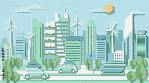 Paper cut style eco city concept. Sustainable green energy background with wind turbines, solar panels, and vertical gardens