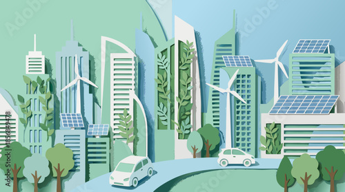 Paper cut style eco city concept. Sustainable green energy background with wind turbines, solar panels, and vertical gardens