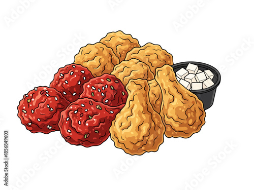 Crispy Fried Chicken Pieces with Sauced Bites and Dipping Sauce
