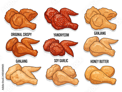 Variety of Flavorful Fried Chicken Wing Styles Displayed with Labels