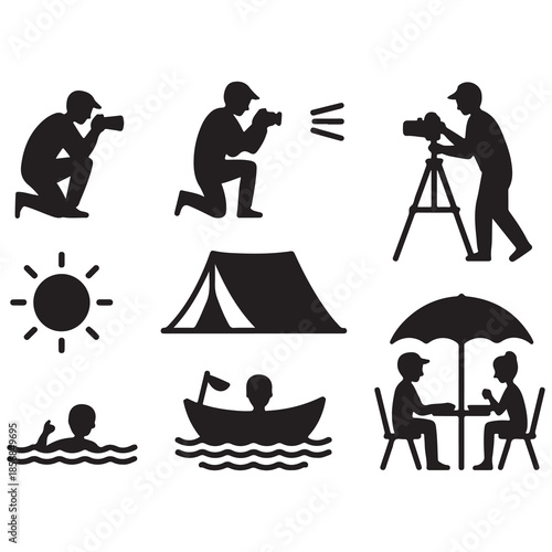 Outdoor Leisure Icons – Photography, Camping, Swimming, Dining, Travel Silhouettes