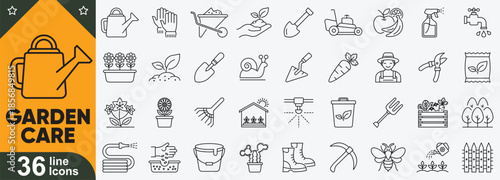 Garden upkeep & green plant care line icons. Watering can, pruning tools, lawn mower, flower pot, shovel, sprout and more.