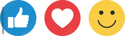 Set of three colorful social media reaction icons featuring thumbs up like heart and smiley face emoji for user engagement.