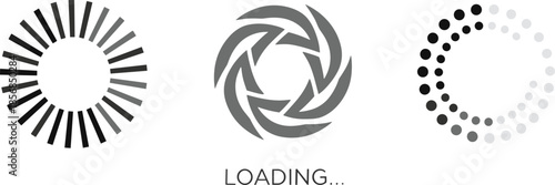 Set of three professional loading and progress indicators featuring radial bars vortex and dotted ring styles for UI activity status.