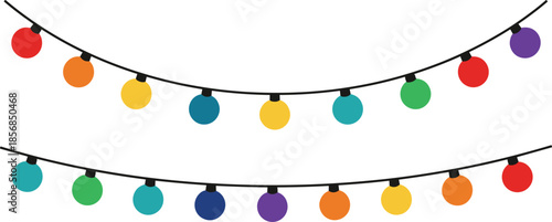 Set of two colorful festive string light illustrations with multi-colored round bulbs for holiday and celebration decor.