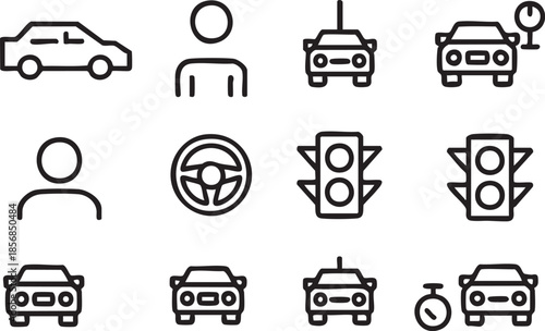 Minimalist Line Art Transportation Icon Set with Cars Traffic Lights and Driver Symbols