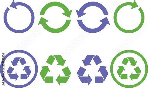 Set of eight blue and green recycling and refresh icons featuring universal sustainability symbols and circular sync arrows.
