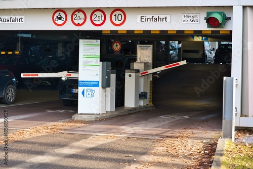 Entrance to a public parking garage. Concept of mobility in cities.
