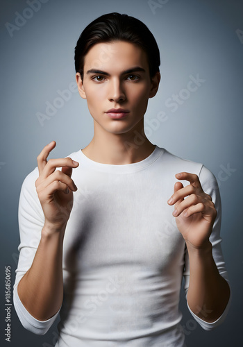 Smart Young Woman Pointing Finger Up Having An Idea On Grey Studio Background