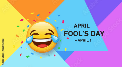 April Fools Day Celebration with Laughing Emoji and Colorful Confetti