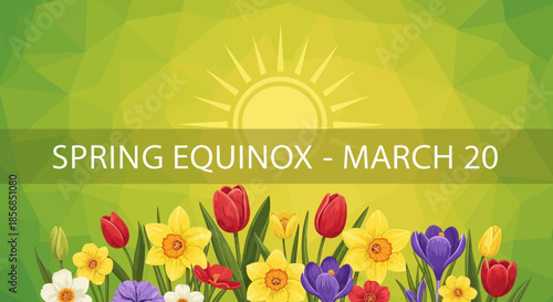 Spring Equinox March 20 Floral Border Sun Rays Green Polygonal Background