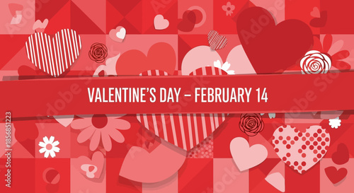 Valentine's Day hearts pattern background with text banner, February 14 celebration