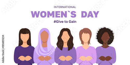 International Womens Day illustration featuring diverse women with open hands symbolizing Giving Support and Empowerment. Flat modern vector design. March 8. IWD2026 Give to gain campaign theme