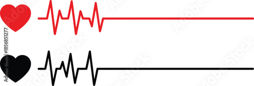 Heart rate and pulse monitoring icons with red and black ECG heartbeat waveforms for medical and fitness interface design.