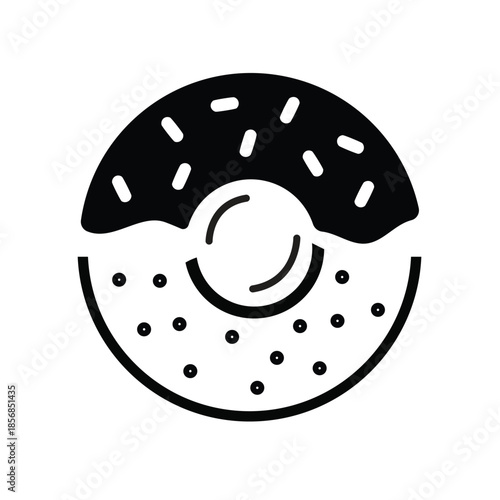 A simple black and white illustration of a donut with sprinkles