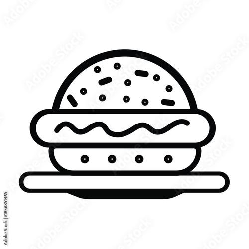 A simple black and white illustration of a hamburger on a plate