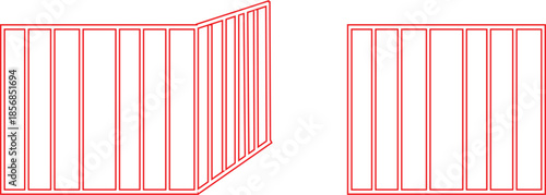Red line drawing illustrating two perspectives of a structural frame or fence panel design