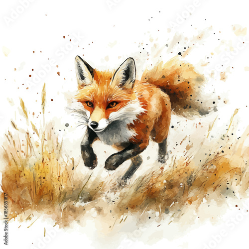 Fox Running Swiftly, elegant watercolor illustration luminous highlights, isolated on a white background.