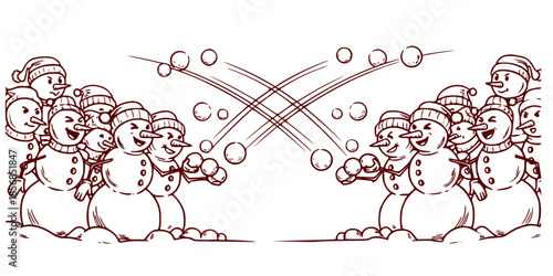 Snowman war – snow battle, vector illustration on the theme of winter games: Snowmen throwing snowballs in winter landscape with playful expression  